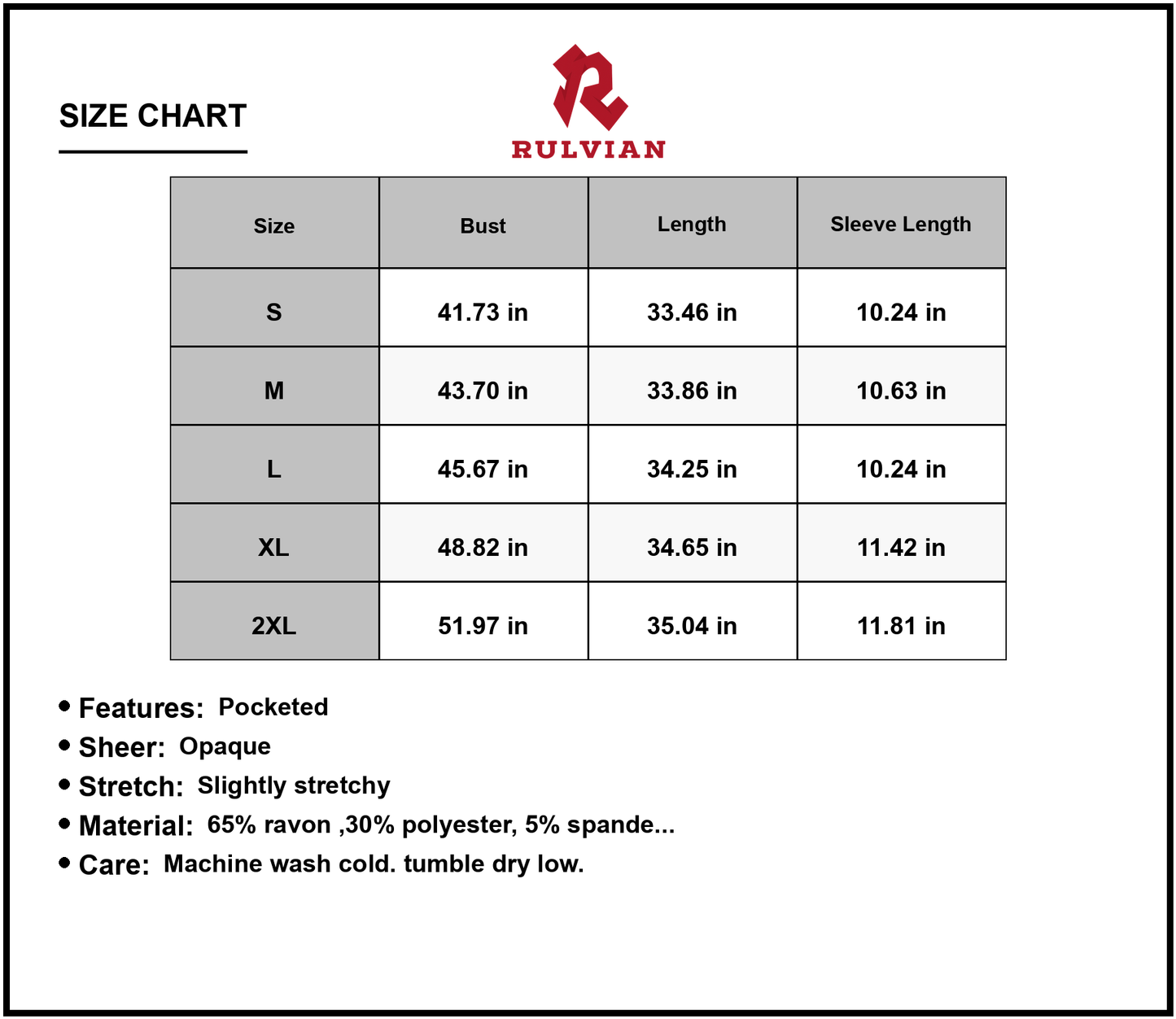 Size Chart - Women's Round Neck Rolled Short Sleeve Tee Dress with Pockets Soft Sheer Panel 65% Ravon 30% Polyester 5% Spandex