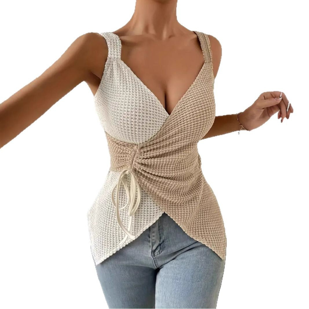 Women's V-Neck Sleeveless Apricot Top 100% Polyester Lightweight Breathable Casual Everyday Wear for Summer