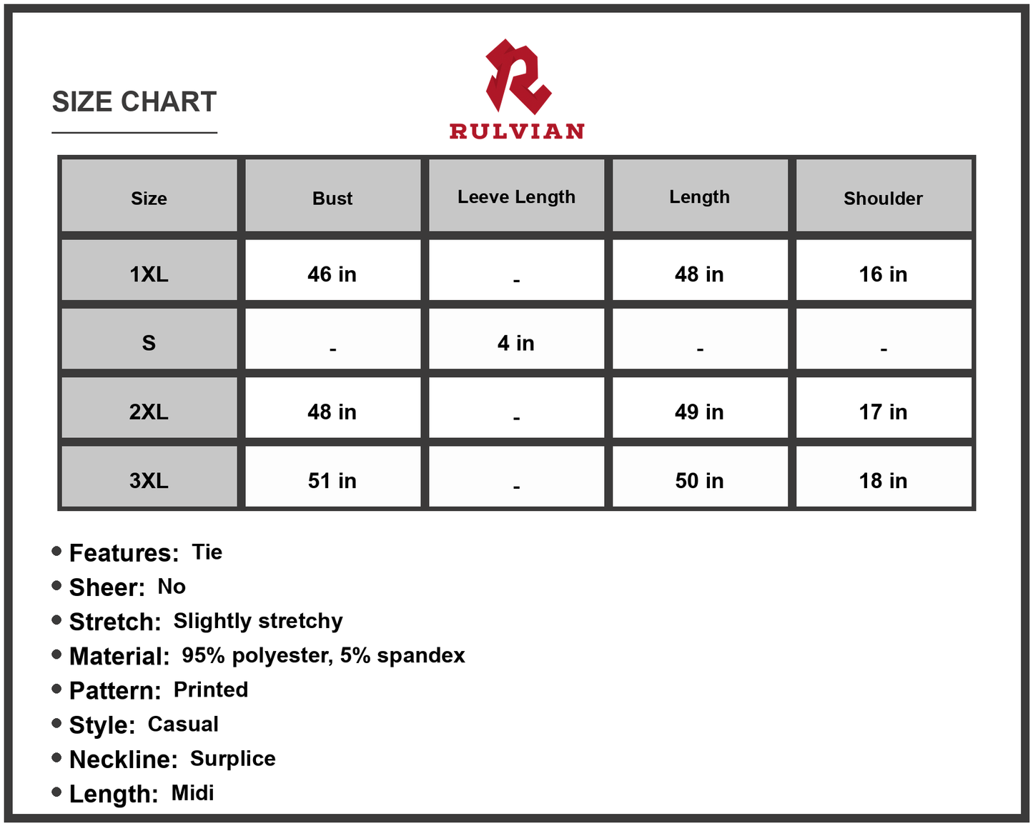 Size Chart - Women's Floral Tie Waist Surplice Neck Midi Dress Plus Size Flutter Short Sleeves A Line Hem 95% polyester 5% spandex