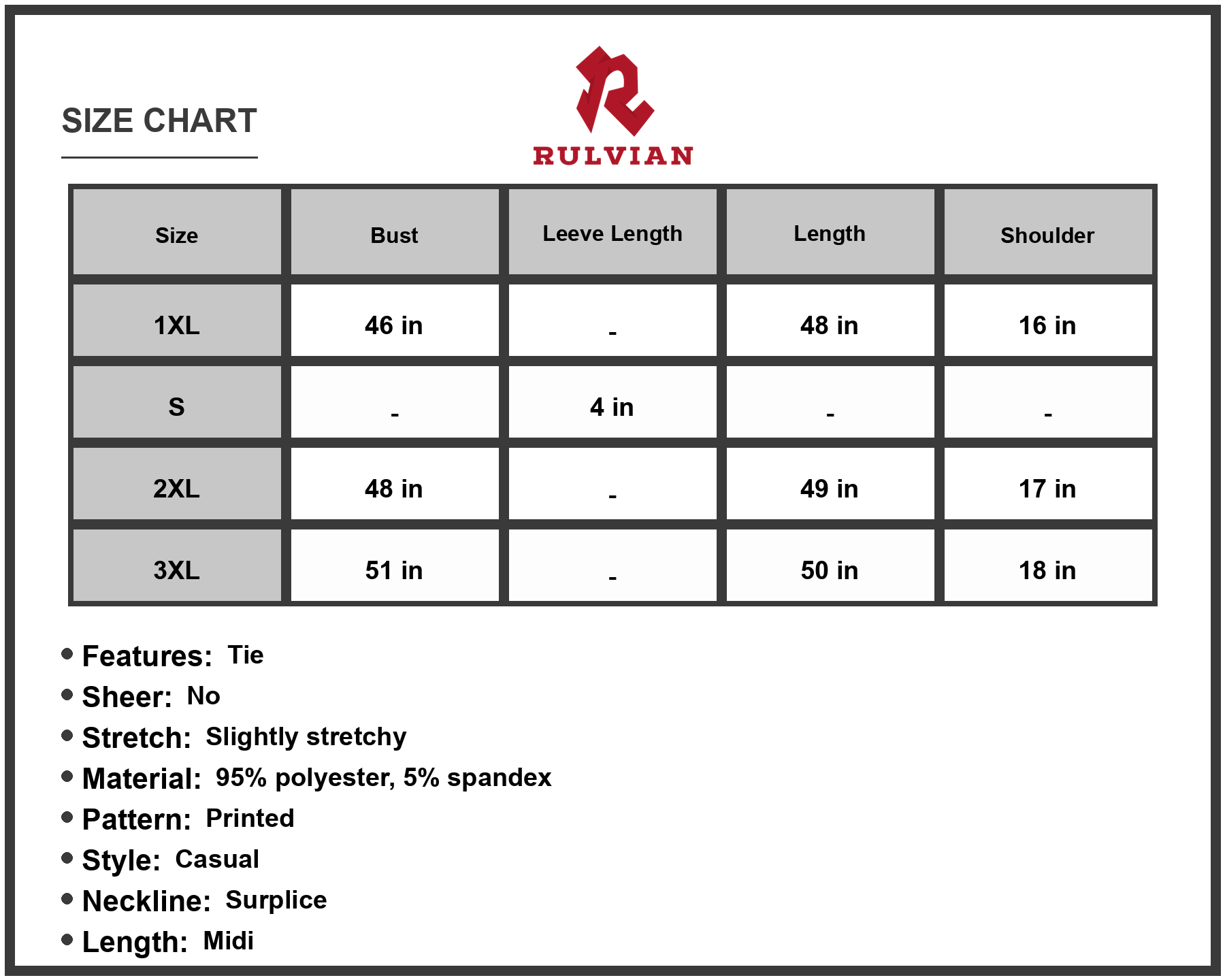 Size Chart - Women's Floral Tie Waist Surplice Neck Midi Dress Plus Size Flutter Short Sleeves A Line Hem 95% polyester 5% spandex