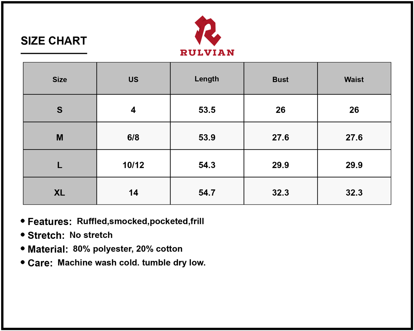 Size Chart - Women's Smocked Ruffled Square Neck Maxi Dress with Pockets for Everyday Wear Soft Flowing Fit 80% Polyester 20% Cotton