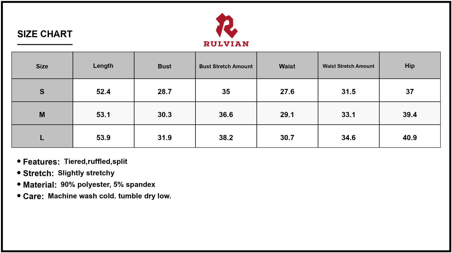 Size Chart - Womens Strapless Ruffle High Low Bodycon Dress with Tiered Silhouette and 90% Polyester 5% Spandex for Party Wear