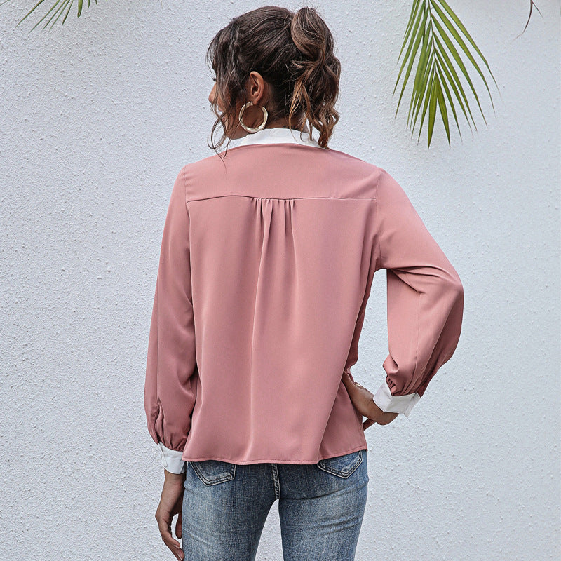 Women's V Neck Casual Shirt Pink 100% Polyester Outer Fabric And 100% Polyester Lining For All Seasons