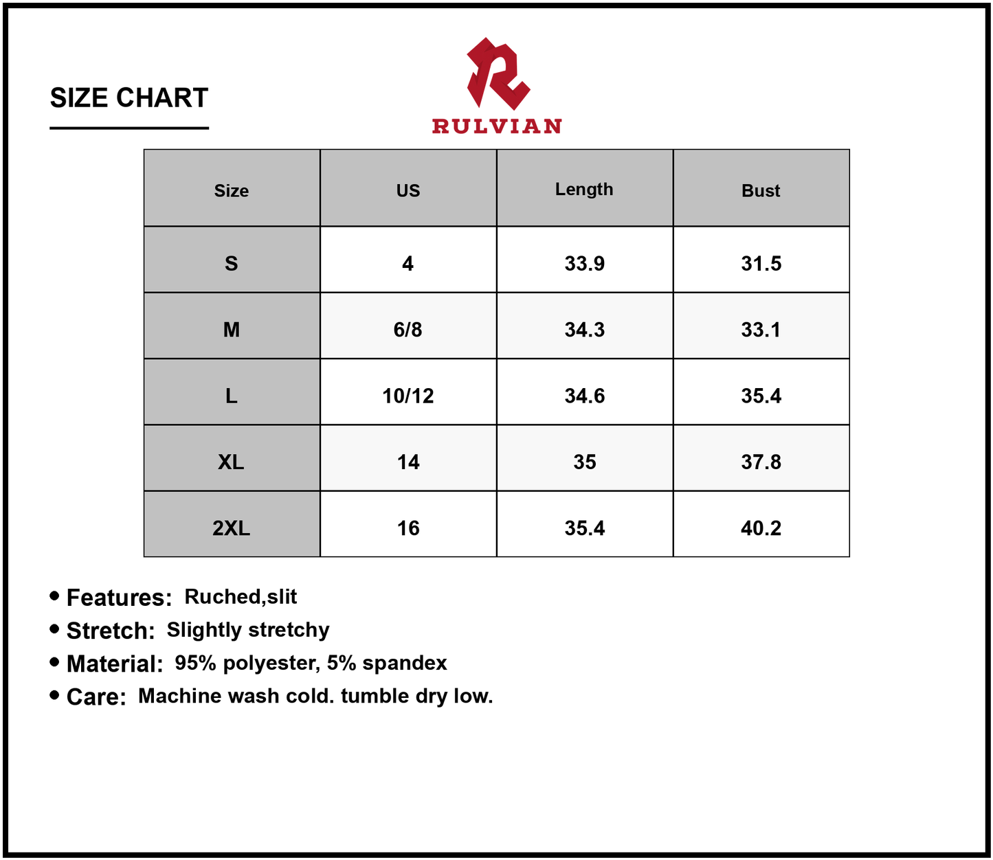Size Chart - Women's Surplice Wrap Bodycon Mini Dress Ruched Slit Stretch for a Flattering Fit 95% Polyester 5% Spandex All Day