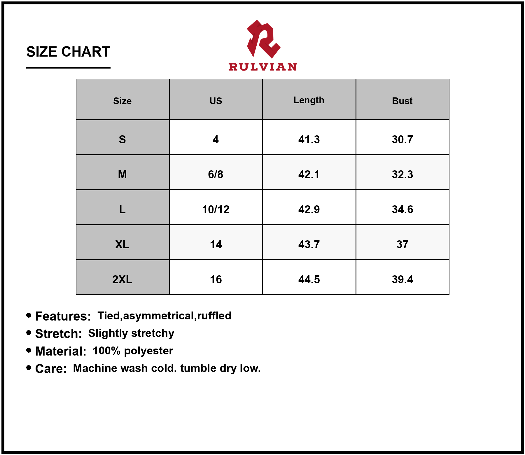 Size Chart - Women's Tropical Print Scoop Neck Tank Dress with Tied Asymmetrical Ruffle Details 100% Polyester Casual Summer Outfit