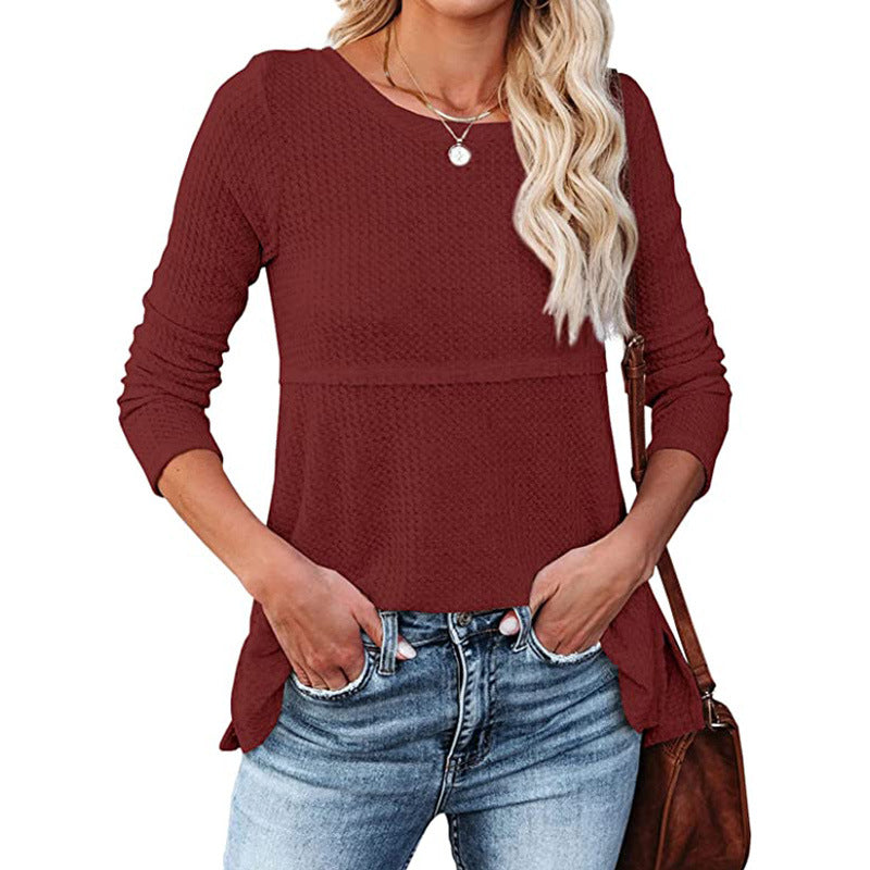Women's Waffle Back Hollow Round Neck Long Sleeve Top Cotton % Breathable Street Style Loose Fit Daily