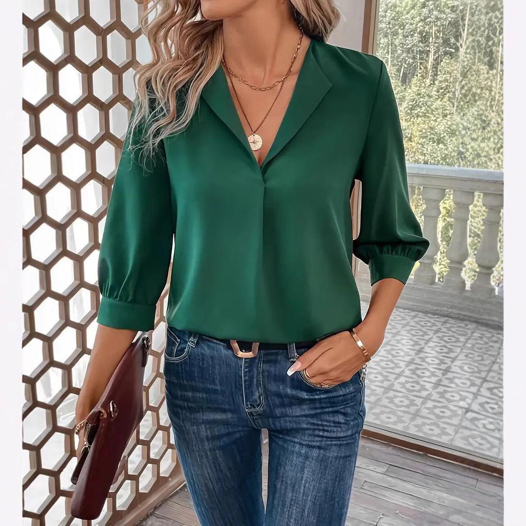 Womens Loose Fit Long Sleeve Shirt Polyester Hundred Percent Fabric With Pleated Detail For Commuting Green