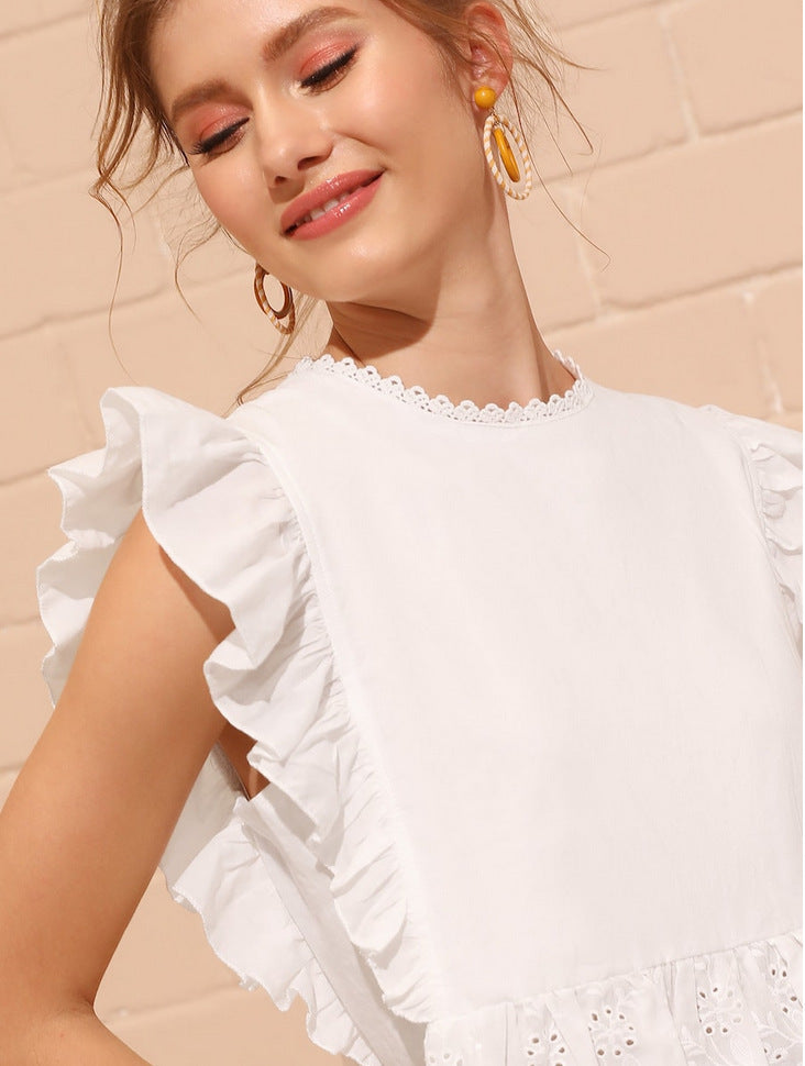 Womens Linen % Cotton Shirt With Lotus Leaf Sleeve Stitching And Hollow Design For Casual Everyday Wear