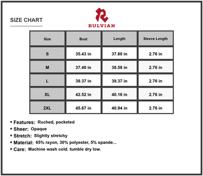 Size Chart - Women's Ruched Notched Cap Sleeve Dress with Pockets rayon polyester spandex blend Flattering Day to Night Wear