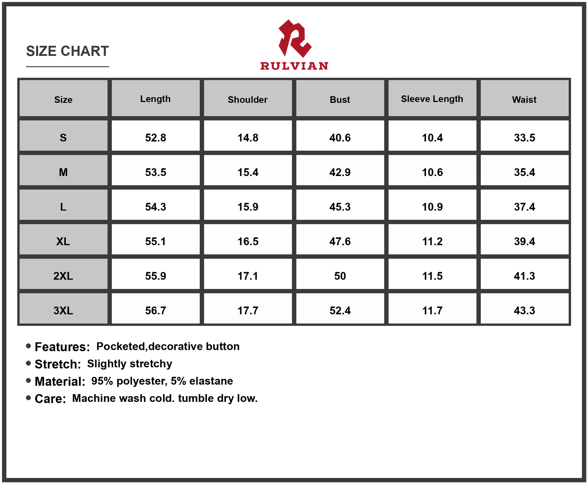 Size Chart - Women's Plus Size Short Sleeve Dress with Contrast Collar and Pockets 95% polyester and 5% elastane stretch fit