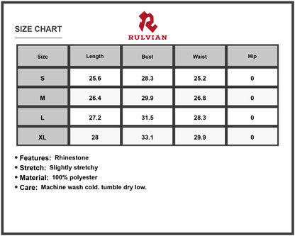 Size Chart - Women's Rhinestone Decor Mini Cami Dress with Stretch Bodice Sparkle Look Fabric 100% Polyester for Party Wearable Gear