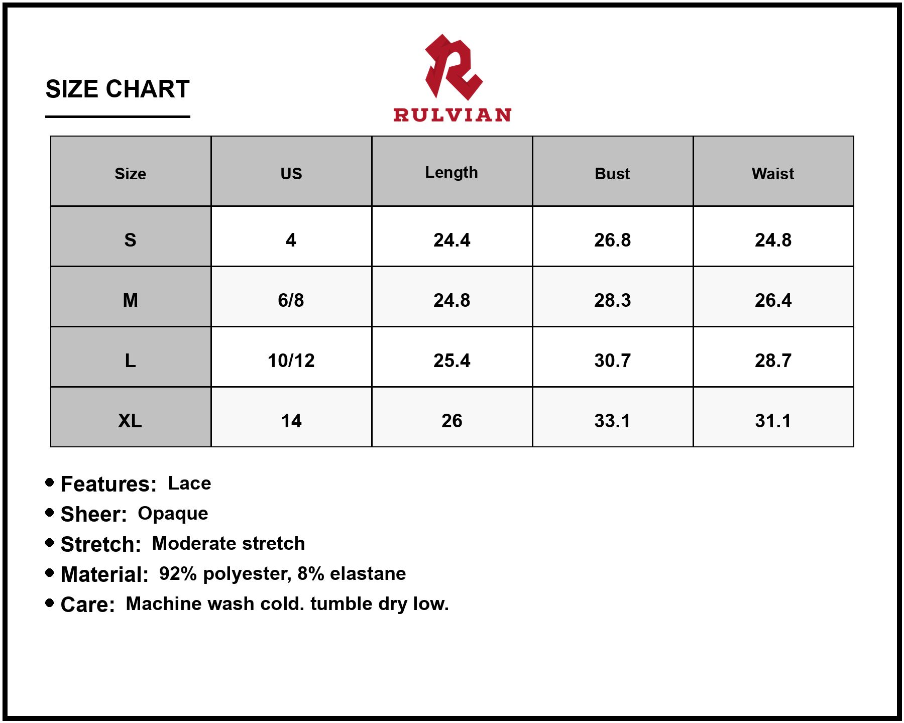 Size Chart - Women's Lace Sheer Stockings with Moderate Stretch Not Lined Ninety two Percent Polyester Eight Percent Elastane