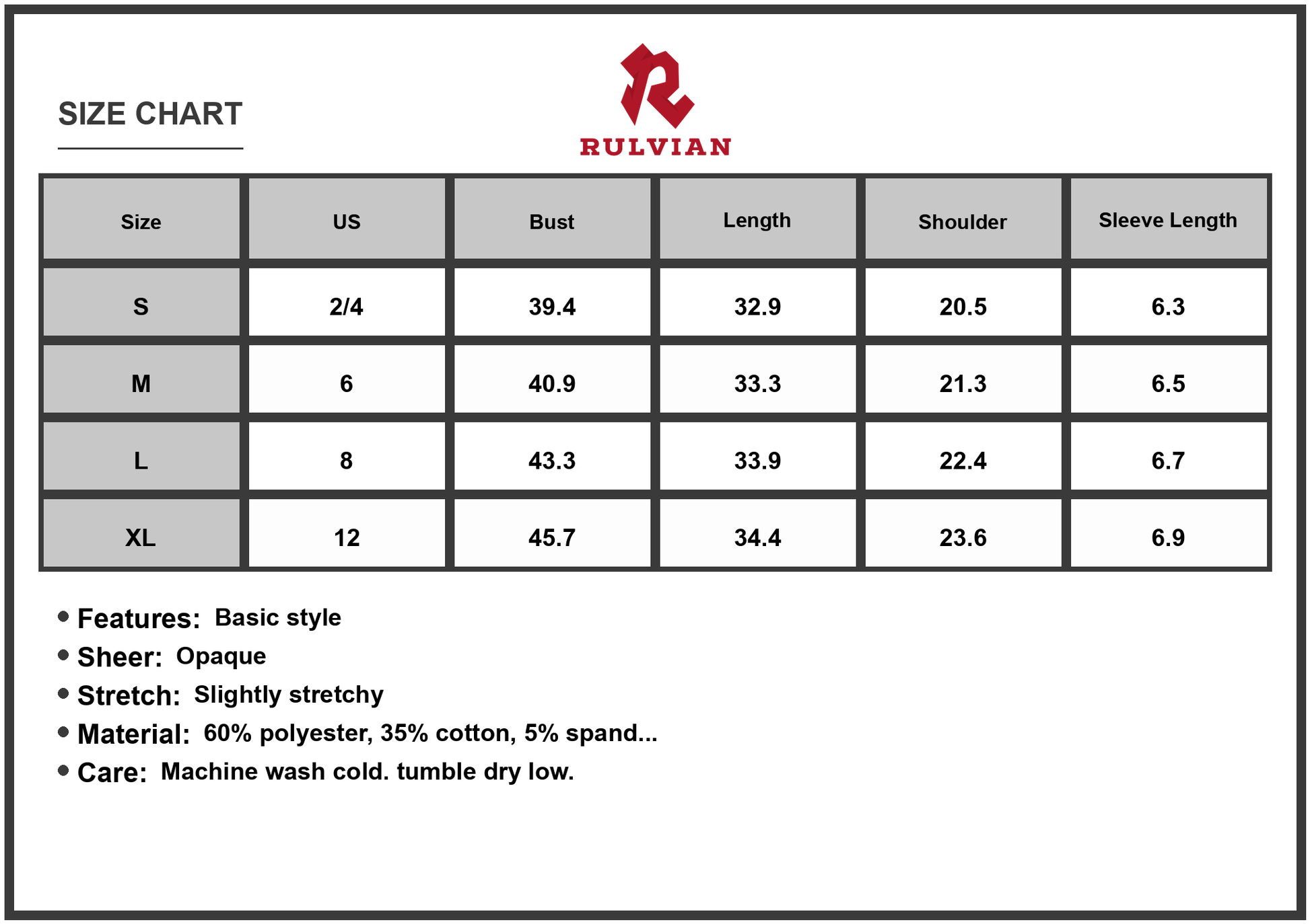 Size Chart - Women's Collar Short Sleeve Polo Dress with sixty percent polyester thirty five percent cotton five percent spandex