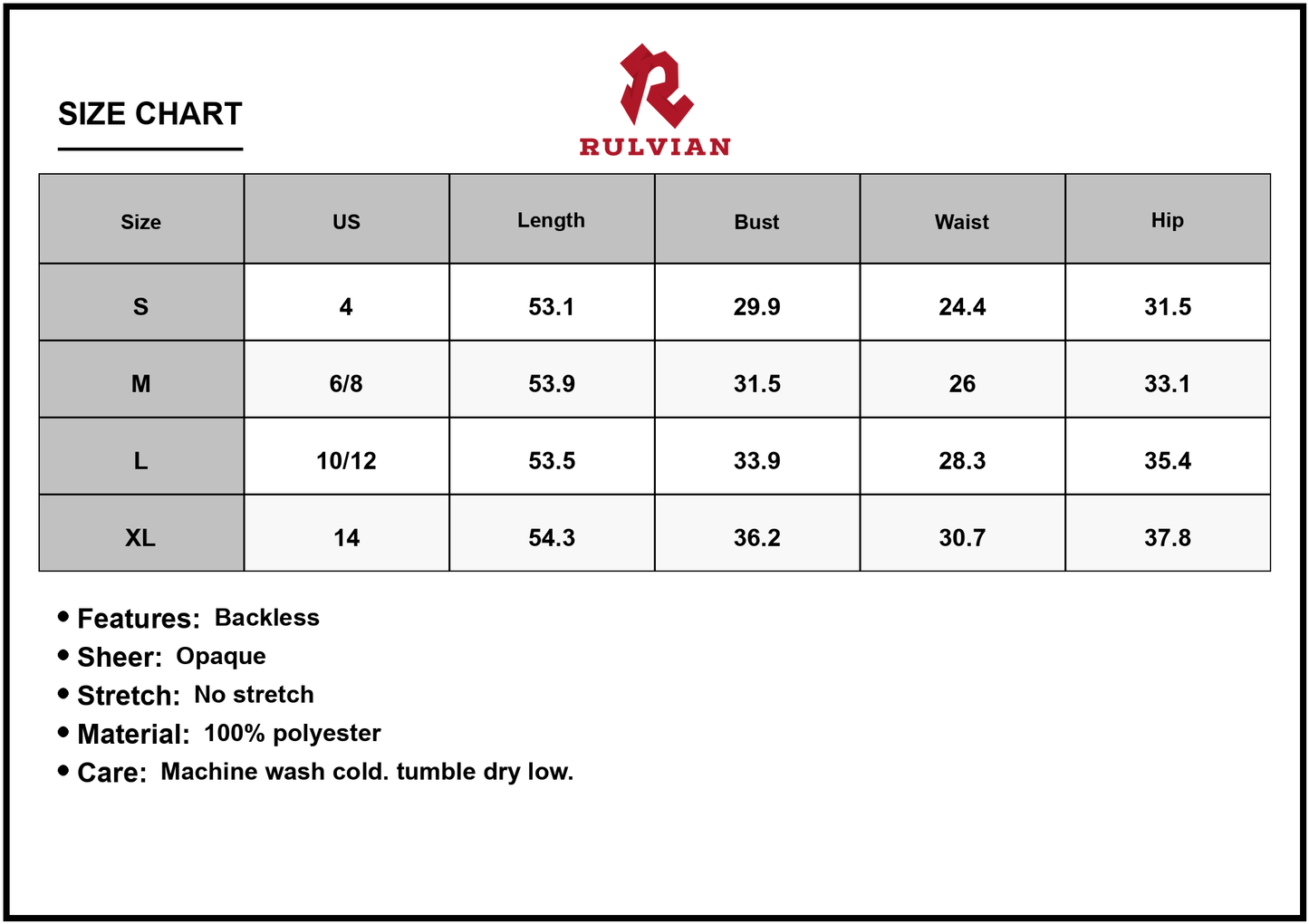 Size Chart - Women's Backless Printed Halter Neck Dress 100% Polyester Fabric Lightweight Elegant Evening Beach Resort Wear