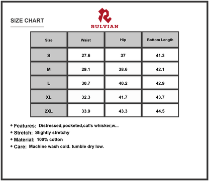 Size Chart - Mens Wide Leg Baggy Jeans with Paint Splatter Distressed Denim Loose Fit Casual Streetwear 100 Percent Cotton Fabric