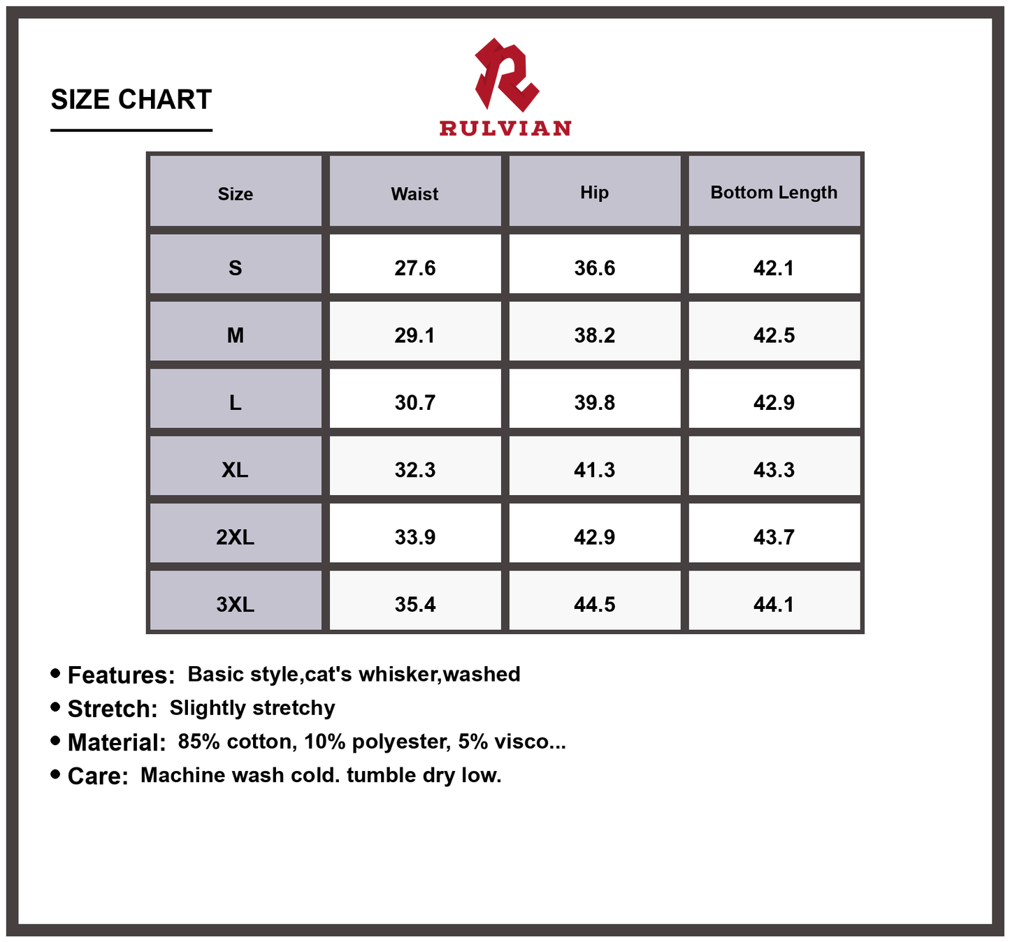 Size Chart - Men's Premium Bootcut Denim Jeans Vintage Wash Plus Size Slightly Stretchy Durable Everyday Classic Fit for Versatile Casual Wear