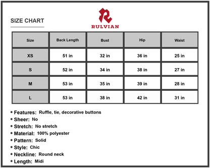 Size Chart - Women's Shiny Decorative Button Spaghetti Strap Midi Dress with Ruffle Hem Round Neck Sleeveless Style Polyester 100%