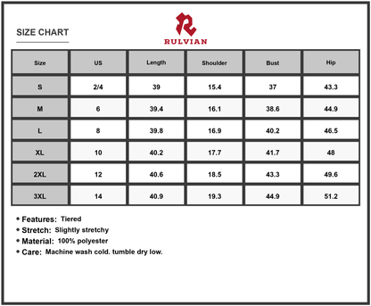 Size Chart - Women's Full Size Color Block Tiered Ruffle Summer Dress Plus Size Lightweight 100% Polyester Easy Care Machine Washable