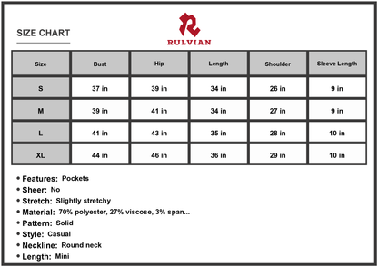 Size Chart - Women's Ribbed Round Neck Short Sleeve Dress with polyester viscose spandex blend for casual wear everyday versatile
