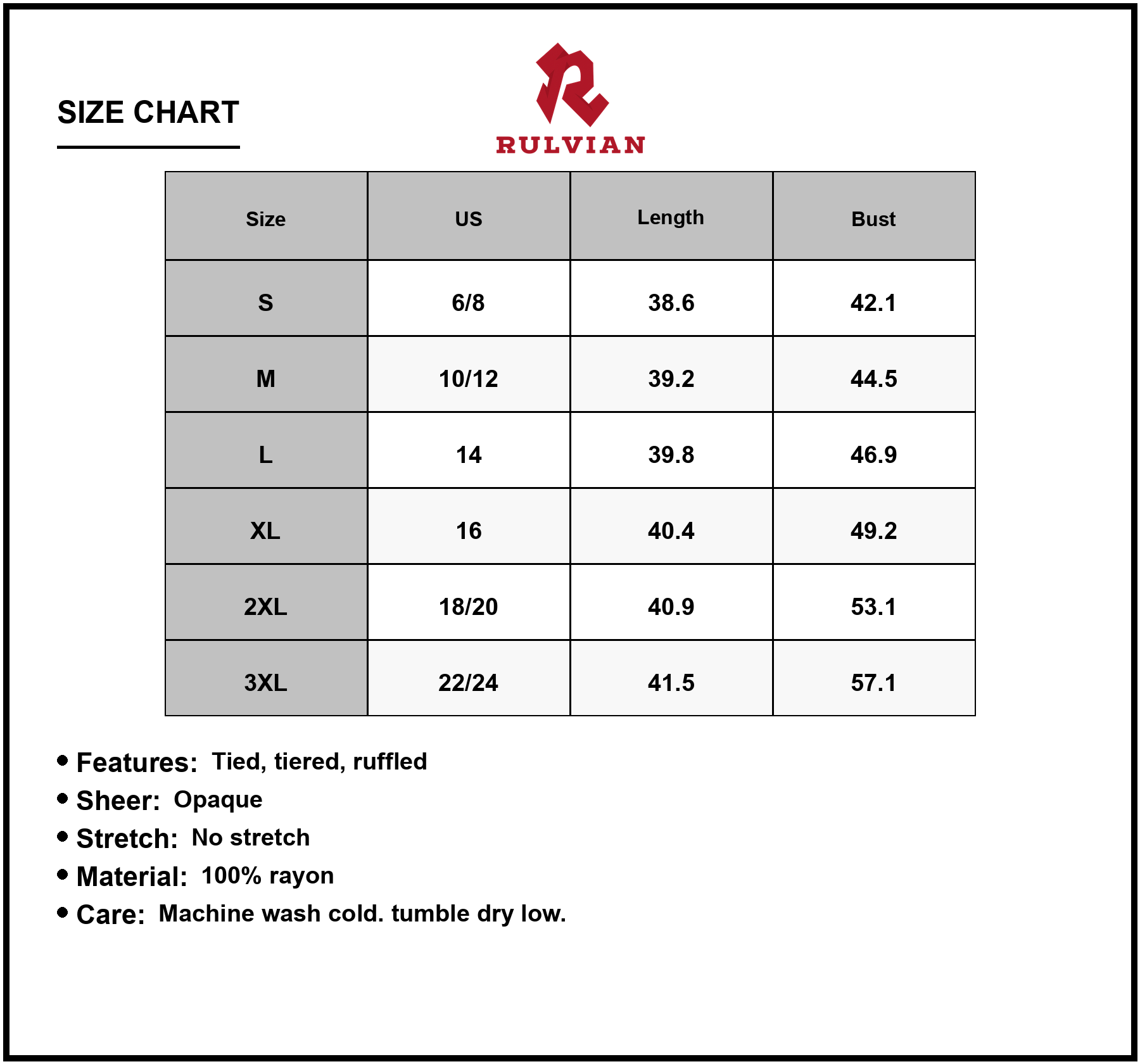 Size Chart - Womens Printed Ruffle Hem Long Sleeve Tiered Dress with Sheer Overlay for Day to Night Wear 100% rayon fabric style