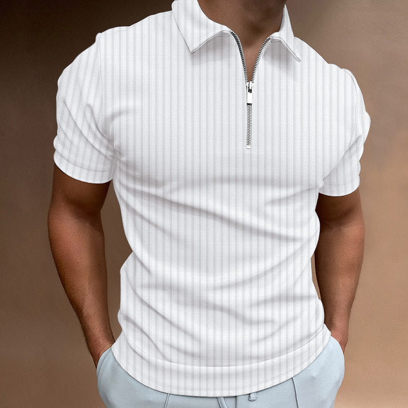 Men's Striped Zipper Short Sleeve T Shirt Solid Color Top 60% Polyester 40% Cotton White Khaki Navy Blue