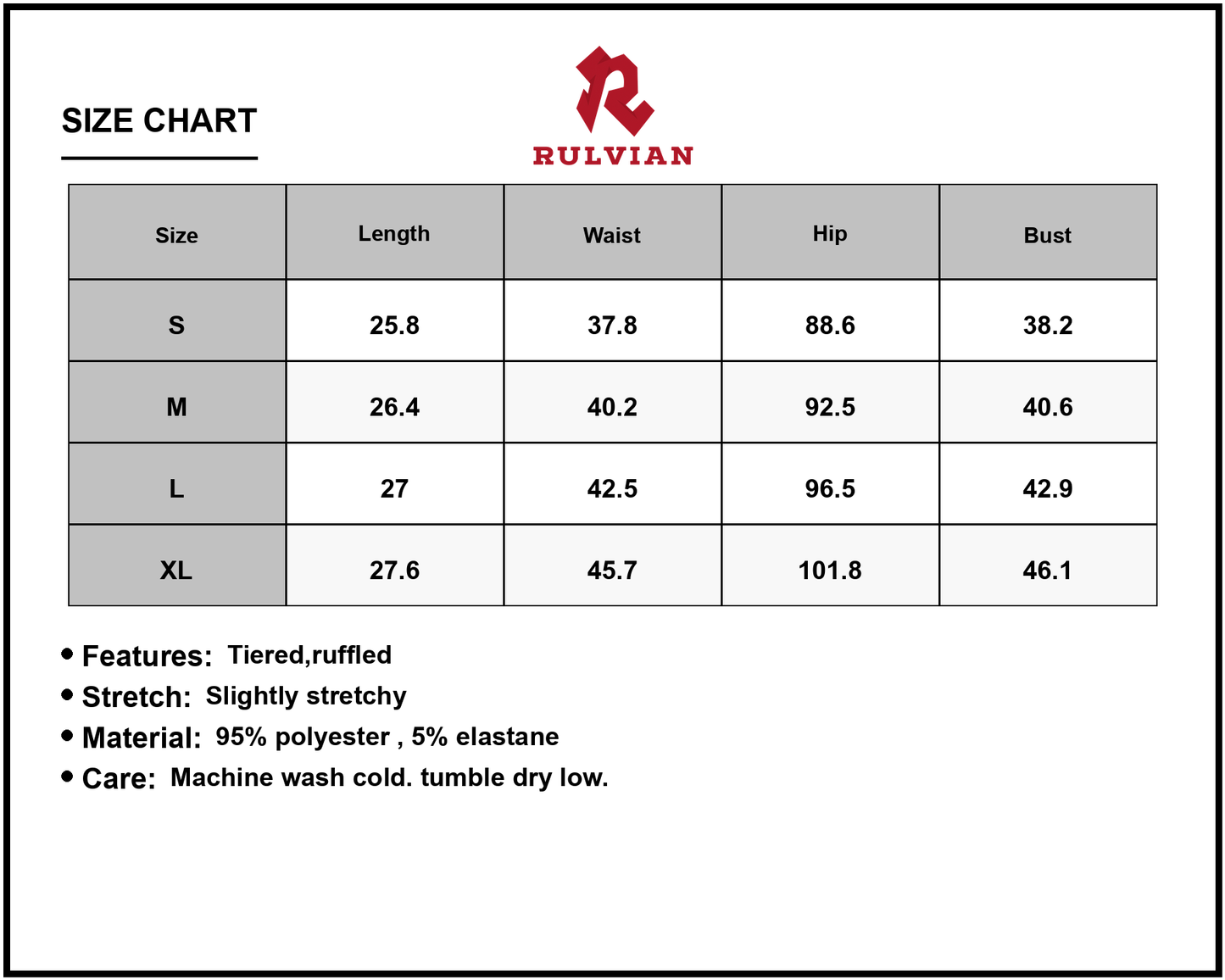 Size Chart - Women's Tiered Flounce Sleeve Mini Dress with Stretch Bodice Ninety Five Percent Polyester Five Percent Elastane