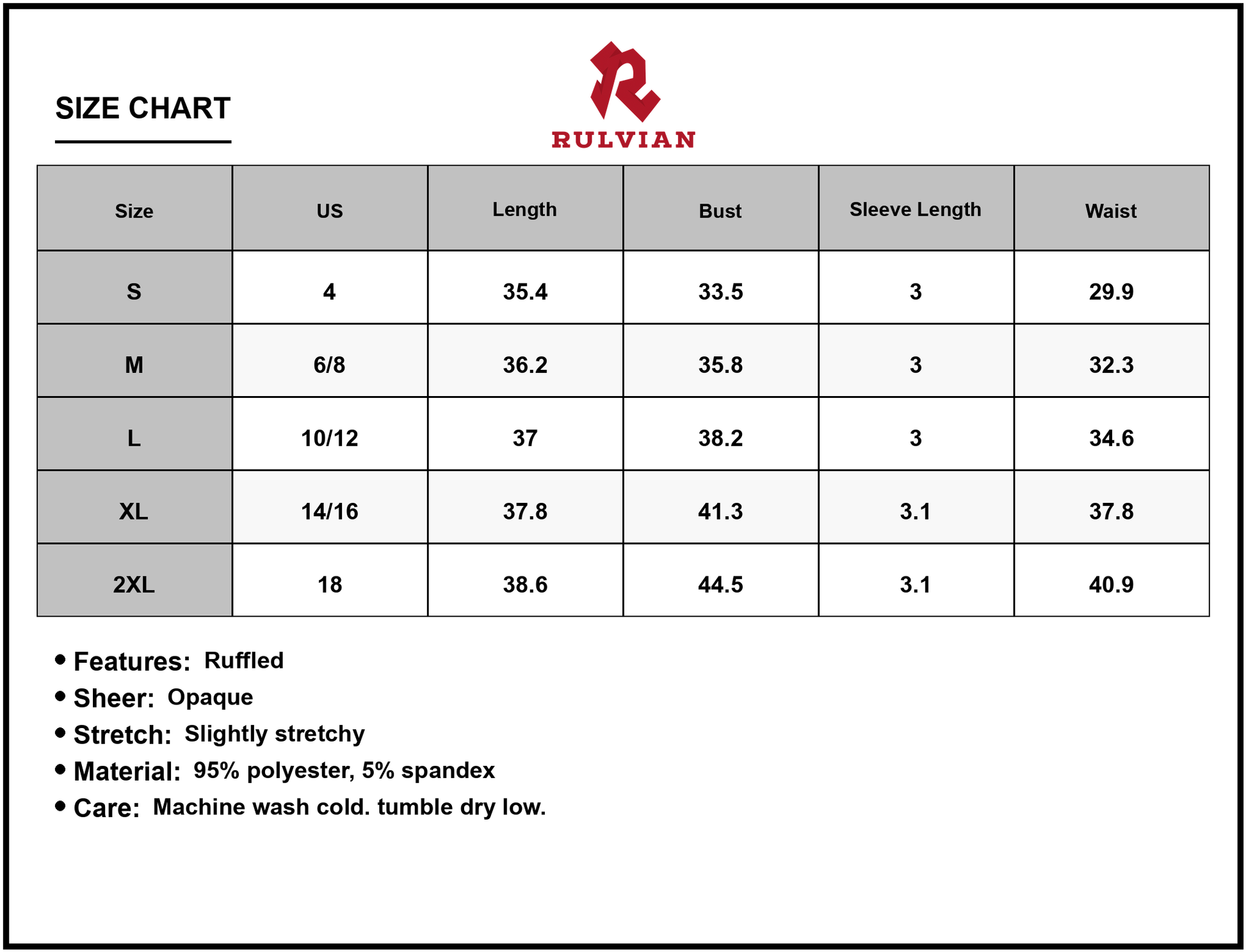 Size Chart - Women's V-Neck Ruffled Cap Sleeve Dress with Sheer Overlay and Opaque Stretch Knit 95% Polyester 5% Spandex