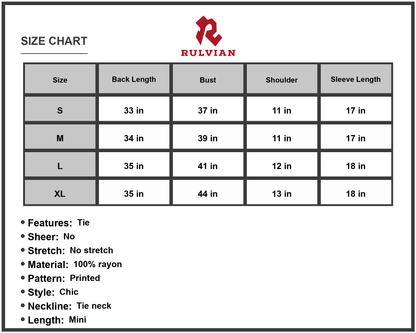 Size Chart - Womens Floral Tie Neck Lantern Sleeve Dress One Hundred Percent Rayon % Everyday Wear Silhouette Shape Comfortable Fit