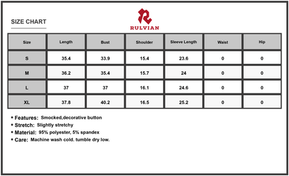 Size Chart - Women's Smocked V-Neck Balloon Sleeve Dress with Button Details and Stretch - Ninety five% Polyester five% Spandex