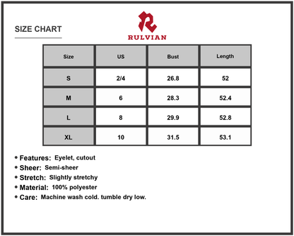 Size Chart - Women's Cutout Side Slit Maxi Tank Dress Eyelet Detail Semi Sheer Stretch Lined 100% Polyester Fabric for Summer Wear