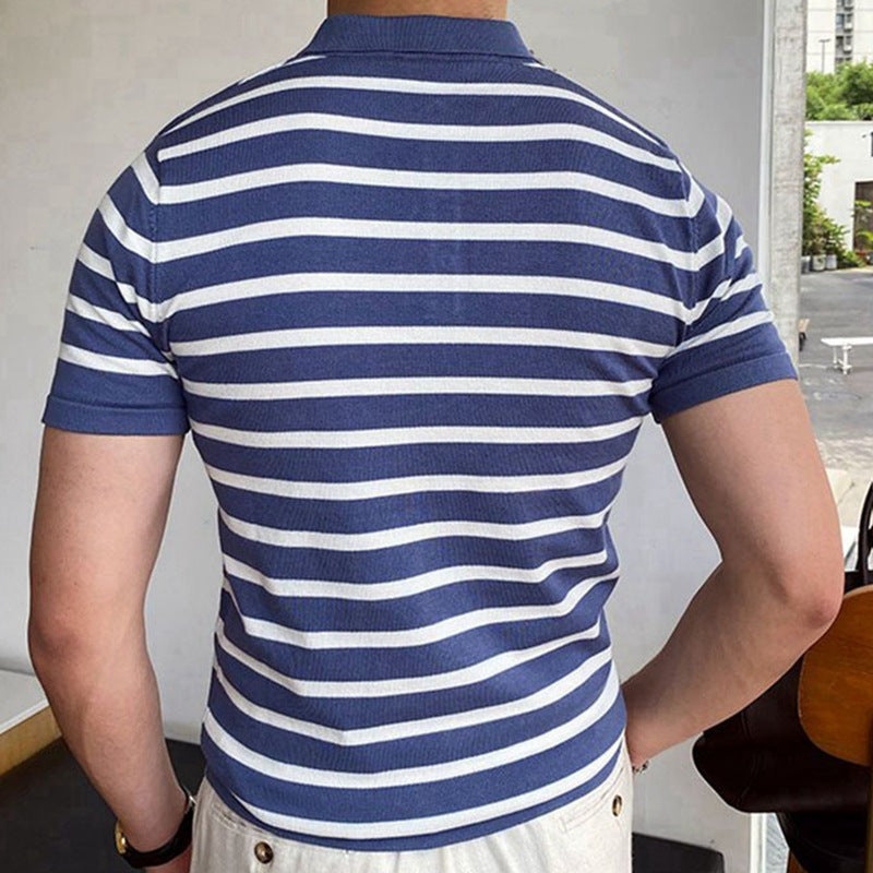 Men's Blue Striped Polo Shirt In 100% Viscose Fabric For Smart Casual Office Wear Breathable Fit Everyday