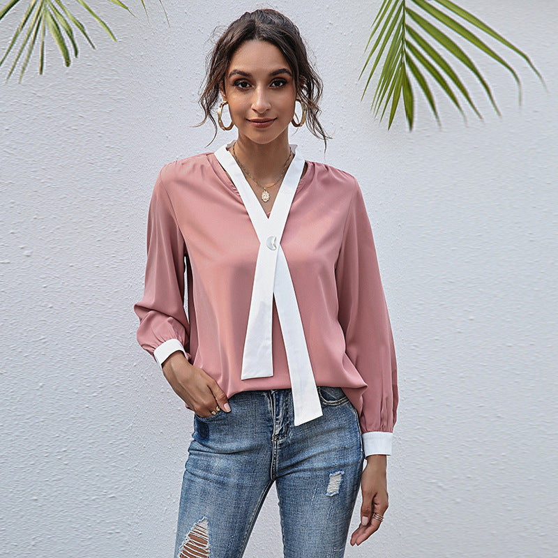 Women's V Neck Casual Shirt Pink 100% Polyester Outer Fabric And 100% Polyester Lining For All Seasons