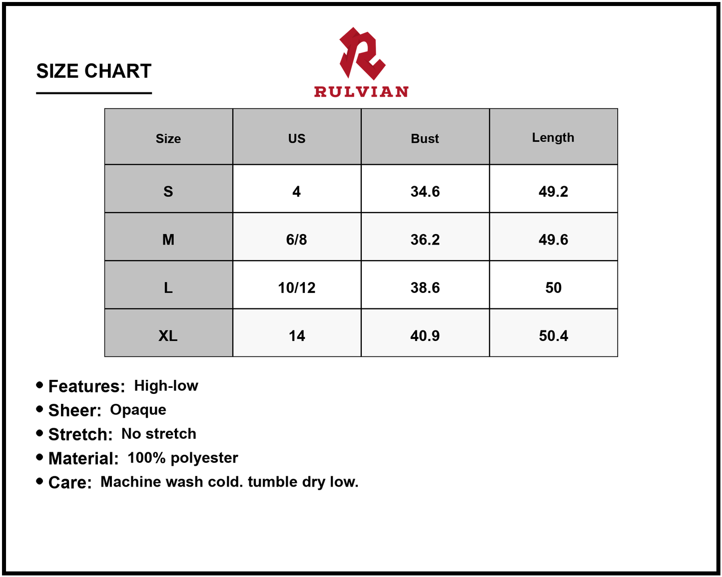 Size Chart - Women's High Low Surplice Balloon Sleeve Midi Dress in 100% Polyester Fabric Ideal for Office to Evening Events