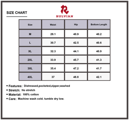 Size Chart - Men's Plus Size Wide Leg Cargo Jeans Distressed Zipper Pockets Durable Casual Relaxed Fit Versatile Everyday Wear
