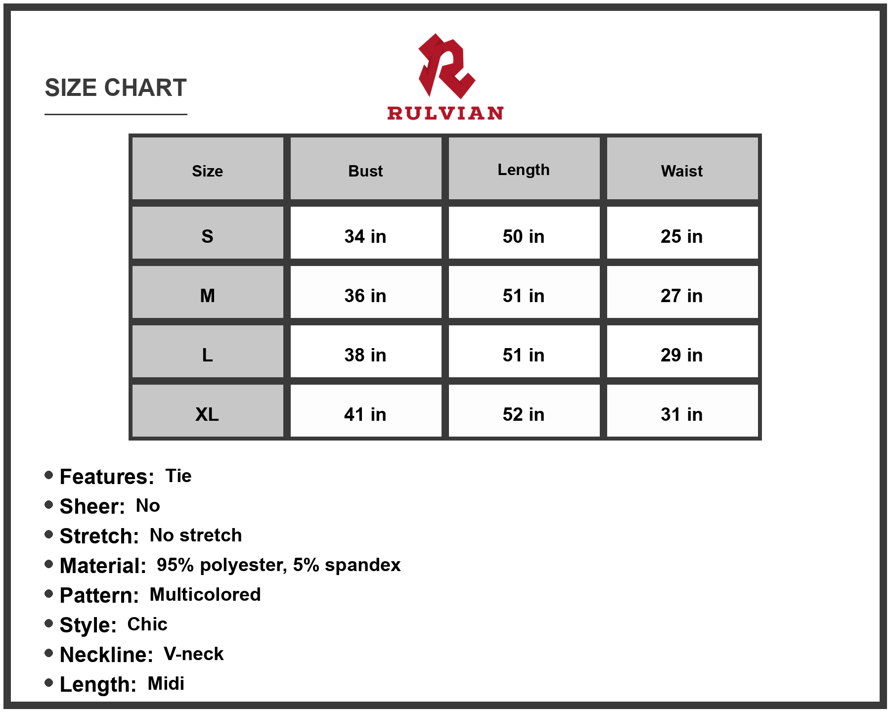 Size Chart - Women's Colorful V Neck Backless Midi Dress with Tie Neckline and A Line Hem for Events 95% polyester 5% spandex