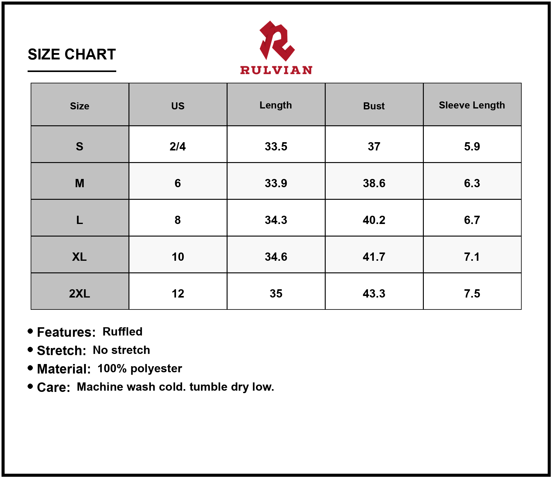 Size Chart - Women's Printed Ruffled Hem V Neck Short Sleeve Mini Dress 100% Polyester Lightweight Everyday Style For Daily Wear