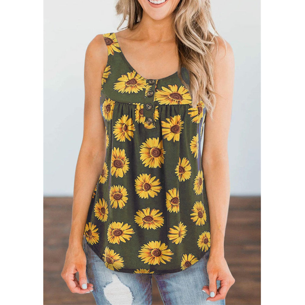 Men's Sleeveless Sunflower Print Casual Loose Vest Top Cotton 30% And Linen 10% To 29% With Acrylic Lining 1%