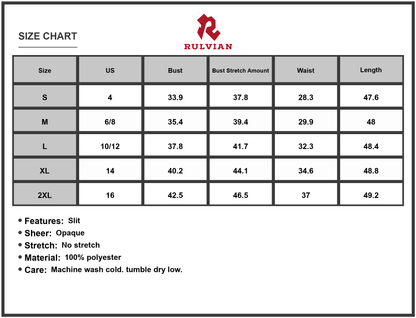Size Chart - Women's Slit Ruched Mock Neck Sleeveless Dress 100% Polyester Imported Elegant Evening Party Wear For Formal Wear