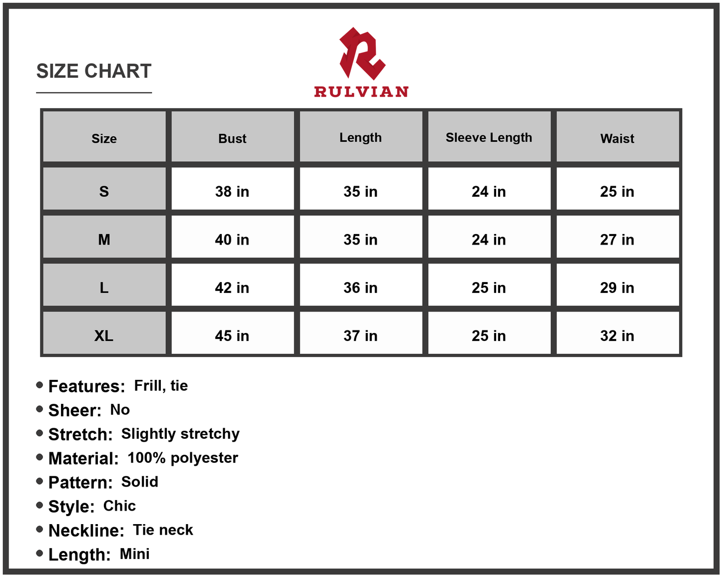 Size Chart - Women's Tied Frill Trim Puff Sleeve Mini Dress Solid Chic Style with Tie Neck and A line Hem Long Sleeve Polyester%