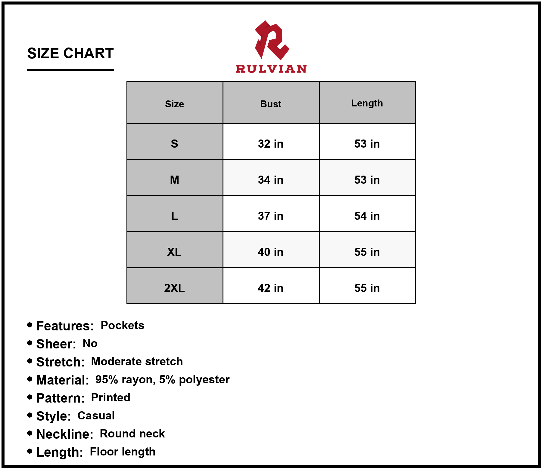 Size Chart - Women's Empire Waist Sleeveless Dress with Pockets Length Round Neck Ninety Five Percent Rayon Five Percent Polyester
