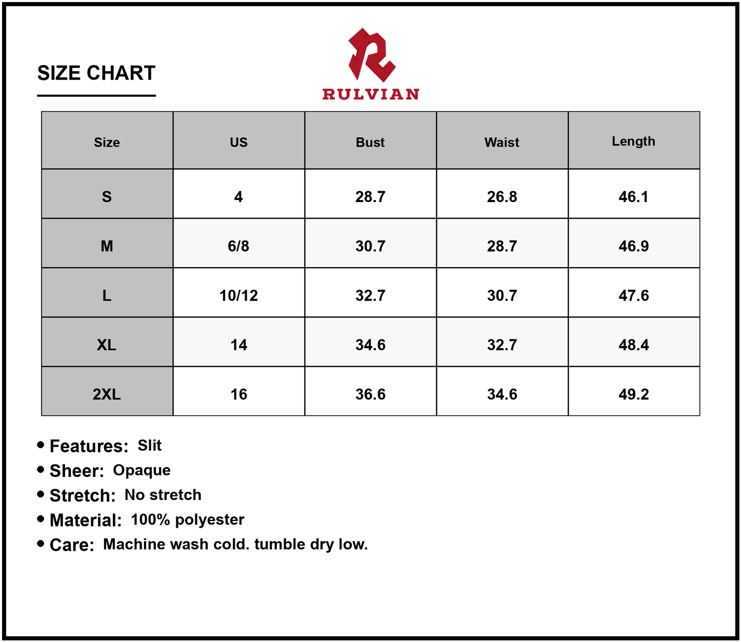 Size Chart - Women's Slit Tube Midi Dress 100% Polyester Fabric for Evening Wear with Elegant Silhouette and Flattering Fit