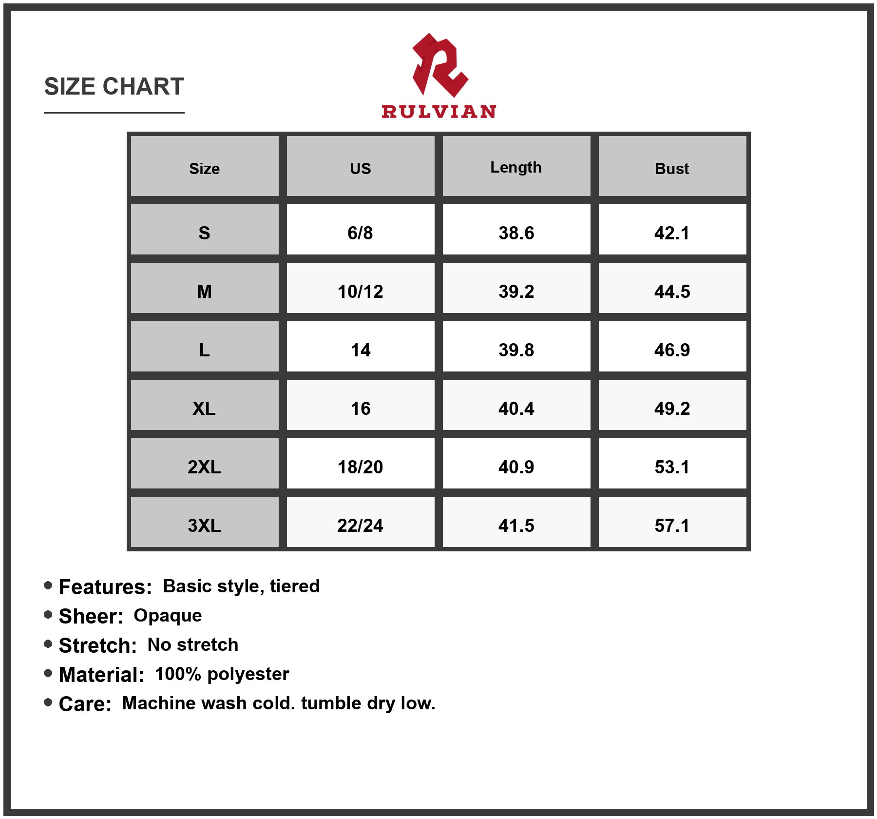 Size Chart - Women's Printed Ruffle Hem Long Sleeve Dress with Tiered Sheer Accents and Vintage Charm in Easy Care 100% Polyester