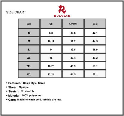Size Chart - Women's Printed Ruffle Hem Long Sleeve Dress with Tiered Sheer Accents and Vintage Charm in Easy Care 100% Polyester