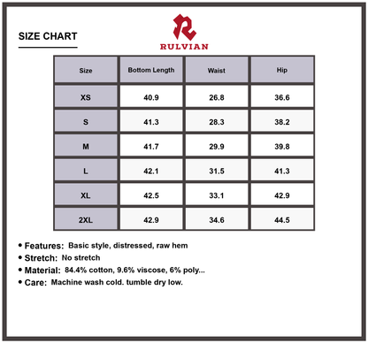 Size Chart - Men's Distressed Camouflage Jeans with Raw Hem Design Durable Premium Quality Denim Pants for Casual Everyday Wear