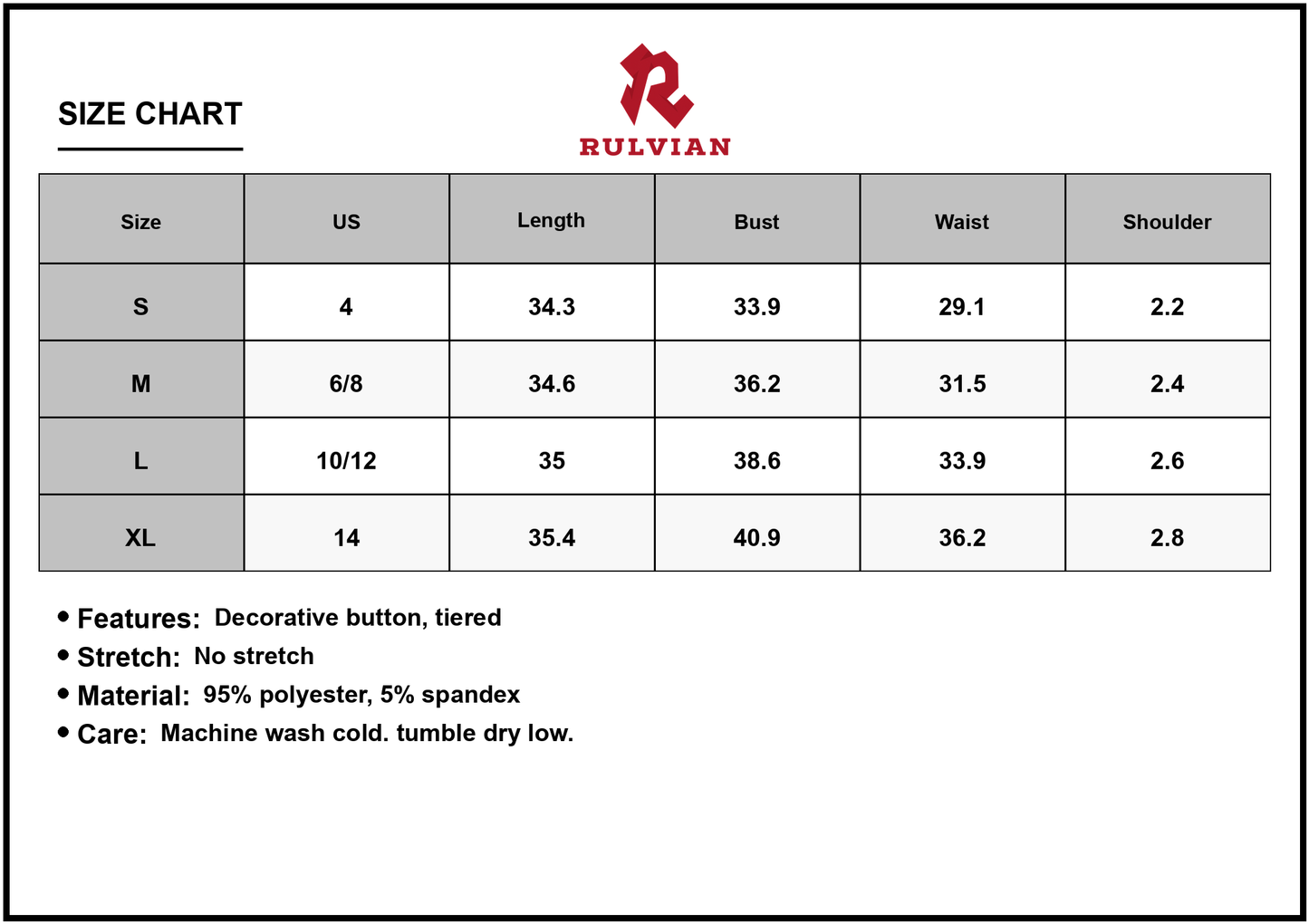 Size Chart - Women's V Neck Sleeveless Mini Dress with Decorative Button Front Tiered Silhouette 95% Polyester 5% Spandex Daywear