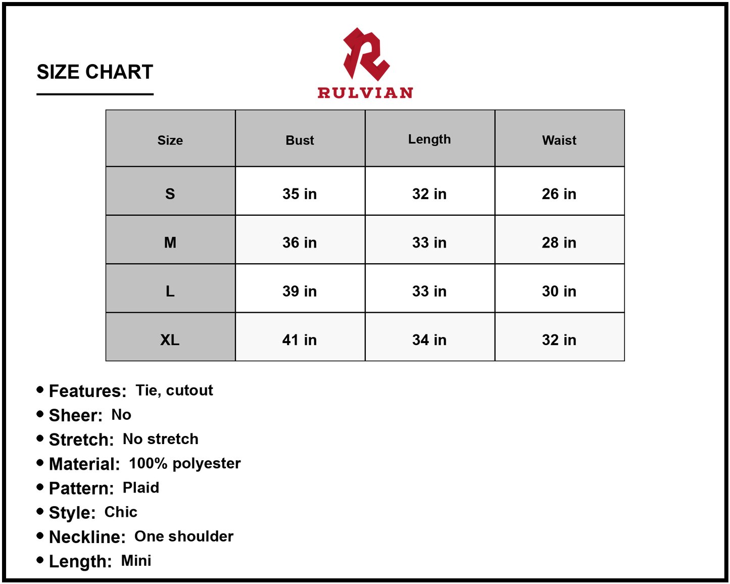 Size Chart - Men's Grid One Shoulder Tied Cutout Mini Dress Plaid Chic Casual Sleeveless Fabric 100% Polyester Casual Everyday Wear