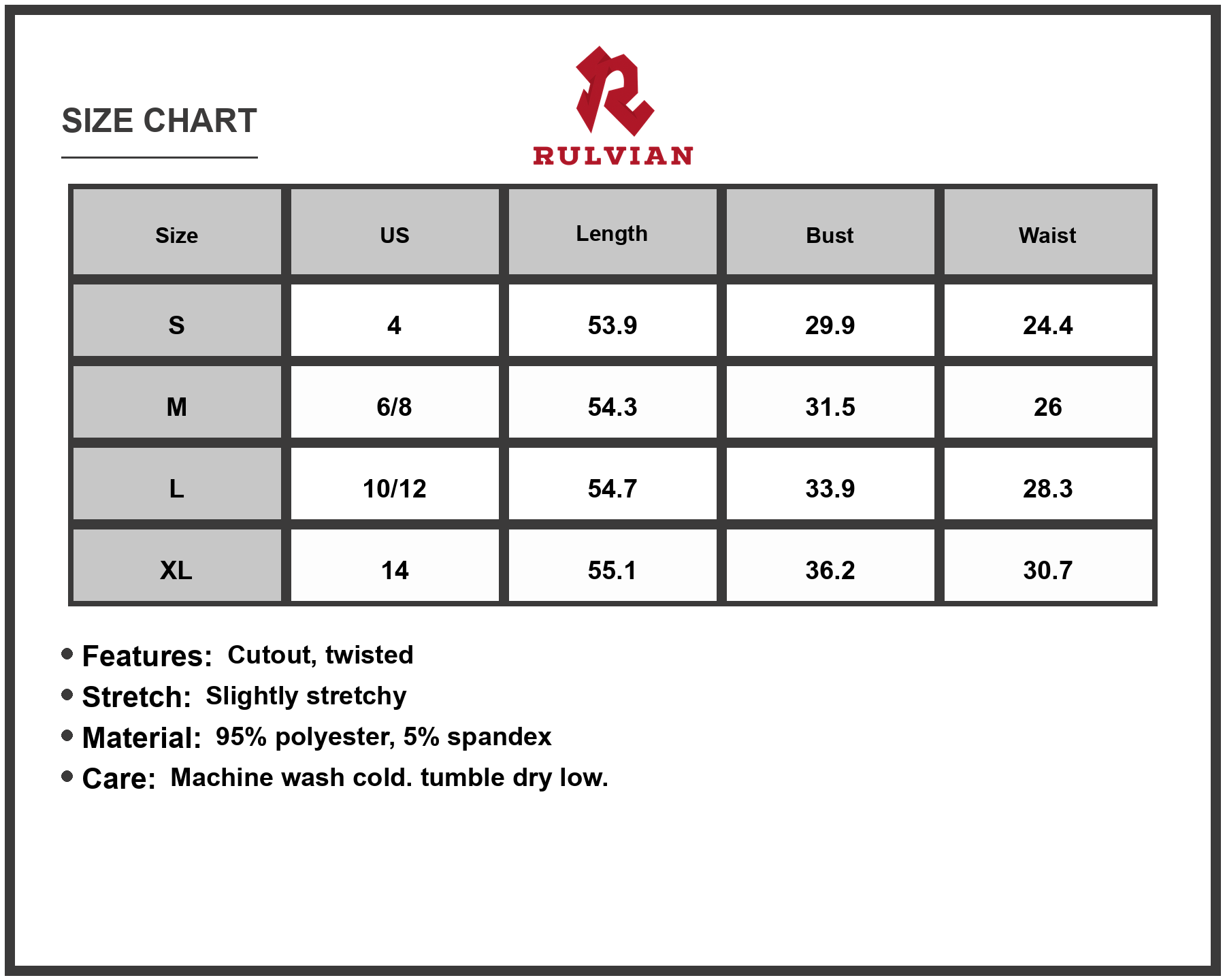 Size Chart - Women's Asymmetrical Cutout Sleeveless Dress with Twisted Stretch Detail Machine Wash 95% polyester 5% spandex Imported