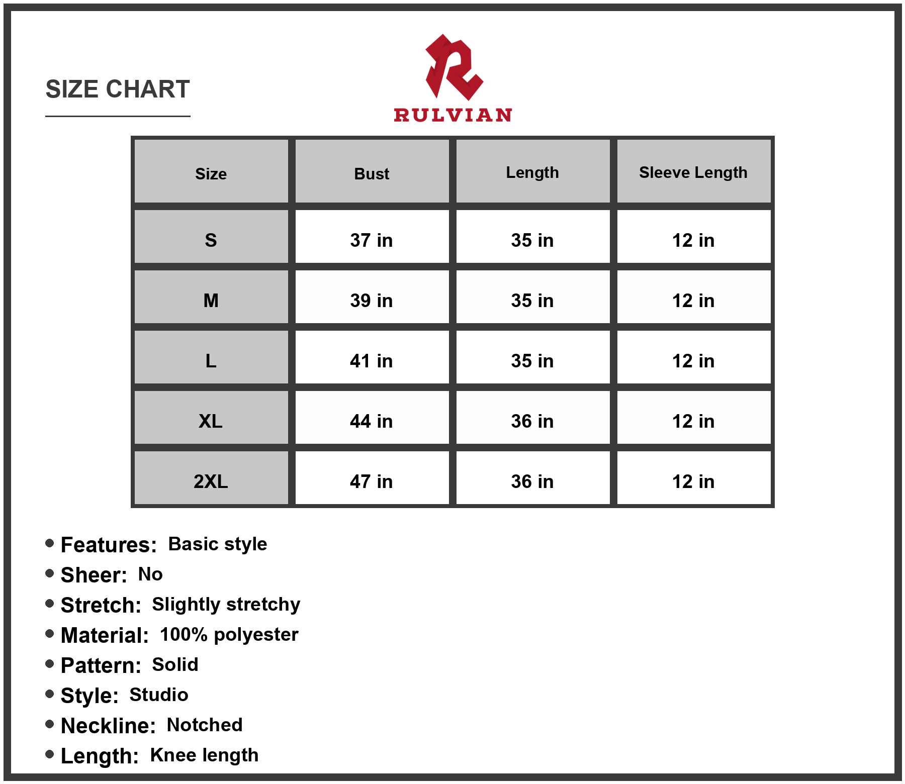 Size Chart - Women's Notched Neck Flounce Sleeve Knee Length Dress 100% Polyester Casual Chic Everyday Wear Ideal for Work or Weekend