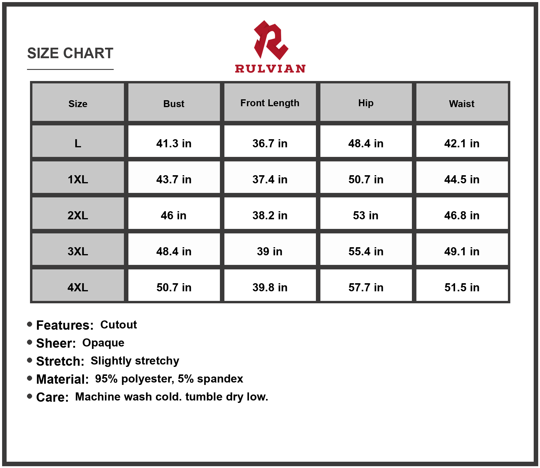 Size Chart - Womens Plus Size Cutout Round Neck Sleeveless Dress with Sheer Panel 95% Polyester and 5% Spandex Fabric Elegant Stretch