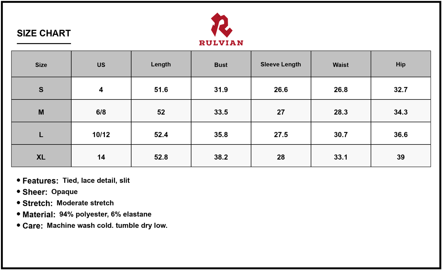 Size Chart - Women's Maxi Dress With Slit Lace Detail Sweetheart Neckline Long Sleeve Elegant Gown 94% Polyester 6% Elastane